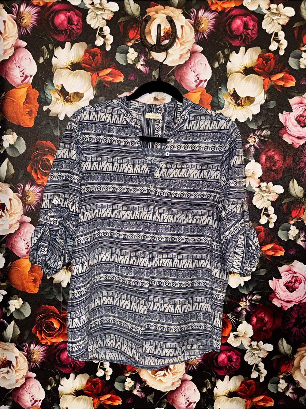 Antilia Femme Navy and White Geometric Print Tunic Top, Size Medium